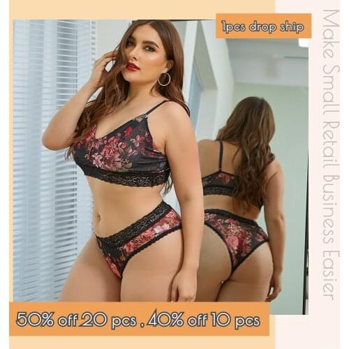 Plus Size Sexy Mesh Lingerier Women Wholesale Wireless Bra Set Floral Panty Lace Bralette CT Market