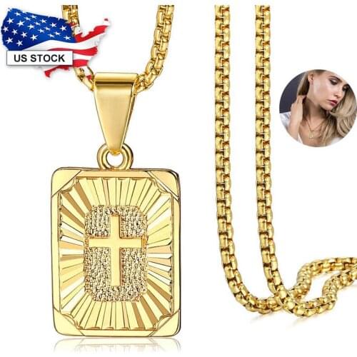 Mens Womens Jesus Christ Crucifix Charm Necklace Square Christian Cross Pendant for Men Women Link Chain 45-76cm Jewelry LGP422A