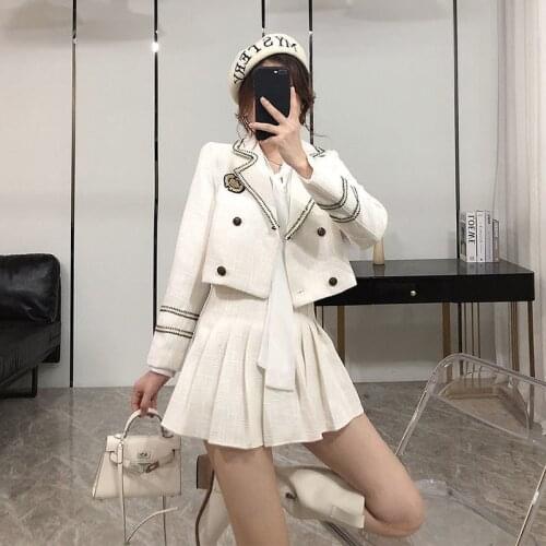 Autumn 2020 New Womens Suit Navy Style Suit Jacket + Pleated Skirt Two-piece Sets Female Sweet Student
