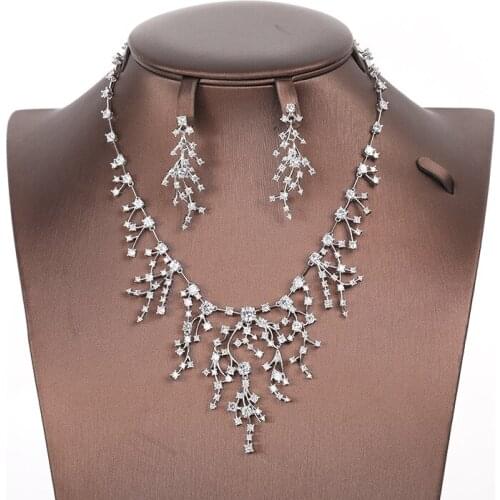 Luxury Cubic Zirconia Wedding Party Jewelry Set Platinum Bridal Necklace Earring