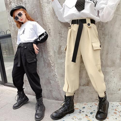 Girls Cargo Pants Spring Autumn Kids Girls Pants Solid Color Belt Trousers For Children Casual Style Kids Clothes 6 8 10 12 13Y