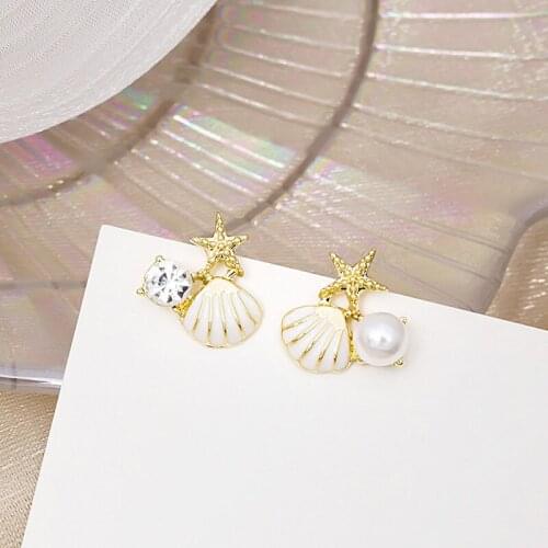U-Magical Summer Starfish Shell Imitation Pearl Stud Earring for Women Textured Asymmetric Rhinestones Metal Earring Jewelry