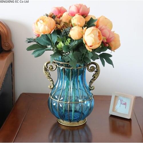 Transparent Glass Vase Dried Flowers Flower Arrangement Accessories Blue Vase European Style Home Living Room Decoration