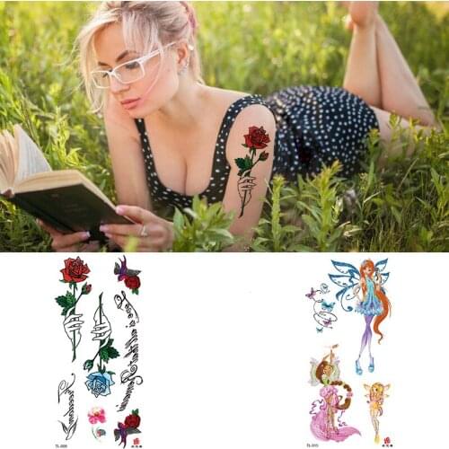 Waterproof Temporary Tattoo Sticker Cartoon Mermaid Flash Tattoos Rose Flowers Body Art Arm Fake TatooTatouage Temporaire Femme