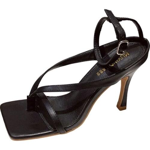 High Quality Soft PU Leather Clip Toe V-neck Design Stiletto Heels Fashion Ankle Buckle Strap Women Square Toe Sandals