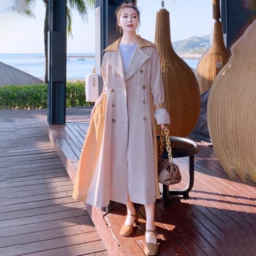 Womens Long Windbreaker Spring Autumn Splicing Korean Loose Retro Contrast Color Fashion Quality Coat Temperament Ladies Cloak