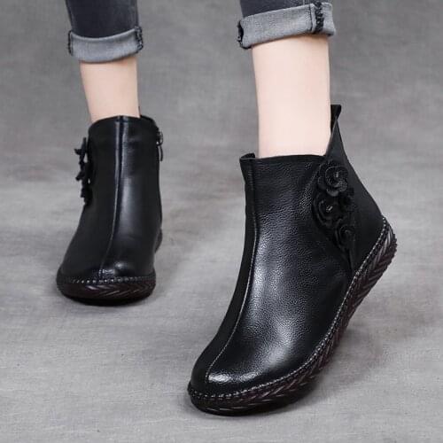 AARDIMI Women Winter Retro Boots Rubber Cow Leather Female Shoes Retro Wedges Platform Ankle Boots Woman Flat With Flower 2020
