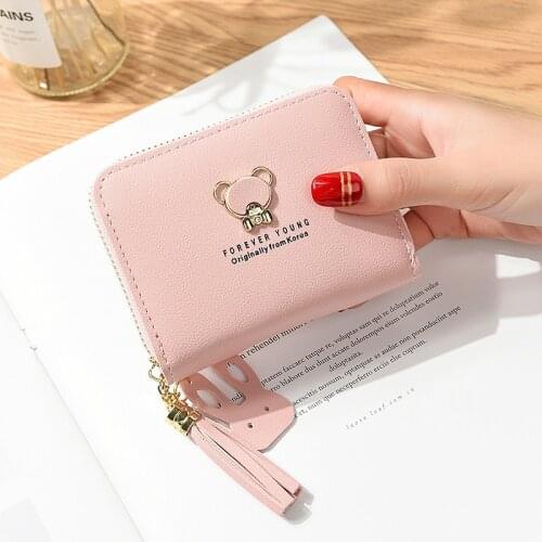 Lady Coin Purses Bear Applique Short Wallet Tassels Zipper Moneybags Woman Wallet Bags Lady Girls Pocket Card Holders