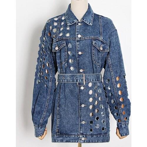 SeeBeautiful Lapel Long Sleeve Holes Hollow Belt Single Breasted Loose Denim Coat Woman Spring 2021 New Fashion Tide T046