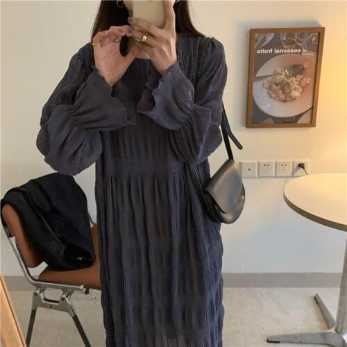 2021 Women Spring Elegant Pleat Chiffon Long Loose Dress Lacing Up Ruffles Petal Sleeve Midi Dresses Round Collar