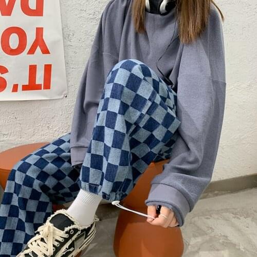 2021 Mens Korean Streetwear Plaid Jeans Men Casual Oversize Straight Denim Trousers Male Hip Hop Fashion Jeans Plus Size