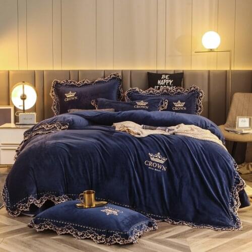 2020 Winter Crystal Flannel Crown Bedding Set Warm Fleece Embroidery Lace Duvet cover set Bed Sheet Queen King size 4pcs