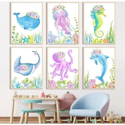 Watercolor Dolphin Octopus Marine Life Nordic Posters And Prints Nursery Wall Art Canvas Painting Wall Pictures Child Room Decor
