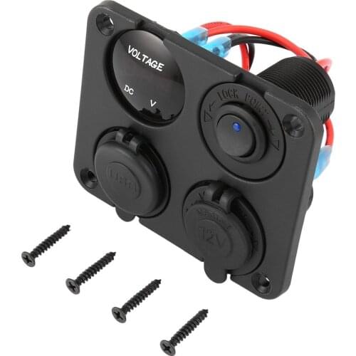 Dual USB Ports Car Charger with LED Voltmeter + 12-24V Power Socket + On-Off Switch 4 in 1 Car Marine Boat LED Switch Panel