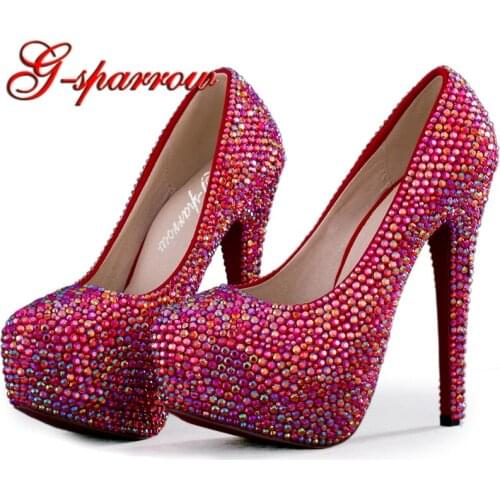 Sparkling AB Crystal Red Wedding High Heels Shoes Rhinestone Fashion Bride Dress Shoes Matric Graduate Farewell Ceremony Shoes