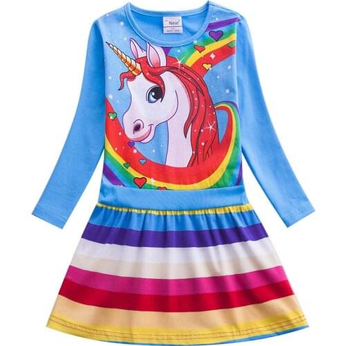 Girls Rainbow Unicorn Stripe Dress Kid Long Sleeves Autumn Costume Children Cotton Skirt Baby Knitted Clothes Print Casual Frock