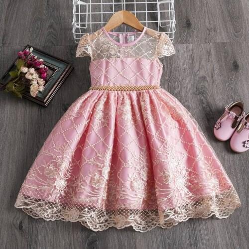 Pink Kids Dress For Flower Girls Dresses Children Baby Beaded Lace Embroidery Bow Wedding Party Ball Gown Dress Vestidos S10773