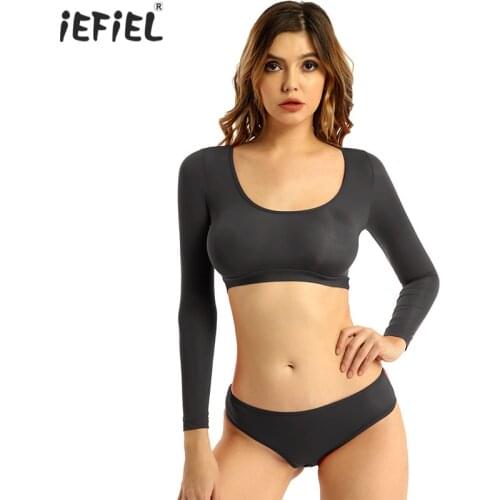 Women Exotic Sets Suit Long Sleeve Slim Fit Two-piece Outfits Crop Top with Crotchless Briefs Underwear Sexy Lingerie Nightwear