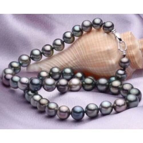 Elegant9- 10mm tahitian black red green multicolor pearl necklace 18"