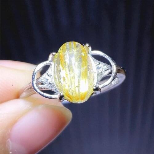 Genuine Natural Gold Rutilated Quartz Adjustable Men Ring 10x8mm Crystal Oval 925 Sterling Silver Wealthy Stone Ring AAAAAA