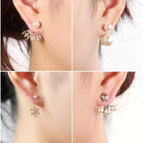 Jisensp New Creative Pearl Crystal Geometric Arc Ear-jacket Girls Stud Earrings Statement Ear Jewelry for Women Birthday Gift