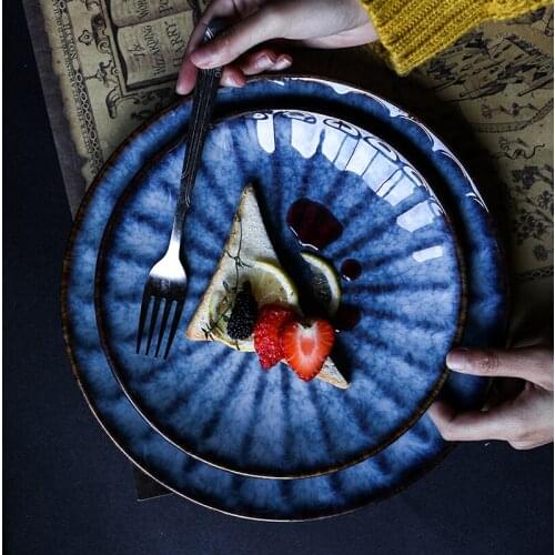 KINGLANG Ceramic Porcelain Deep Blue Steak Brief Fruit Food Plate Dish Tableware