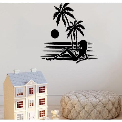 Coconut Beach Sexy Girl Wall Sticker Vacation Hawaii Wall Decal Home Decor For Living Room Bedroom Vinyl Mural Art DW7332