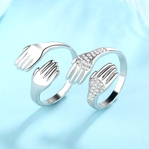 Luxury Brand Silver Color Crystal Warmly Embraced Open Ring Women Cute Creative Hands Embracing Love Hug Adjustable Rings A945