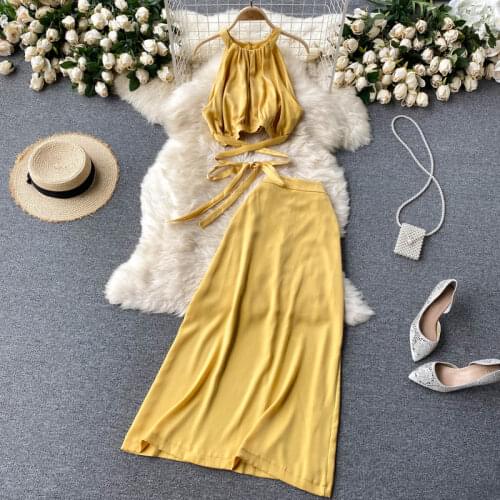 SINGREINY Women Summer Korean Style Casual Vacation Set Sexy Sleeveless Halter Short Tops+High Waist A-line Skirt Two Piece Suit