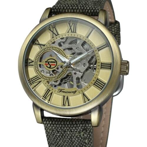 Forsining 3d Logo Design Hollow Engraving Bronze Case Nylon Skeleton Mechanical Watches Luxury Relogio Masculino