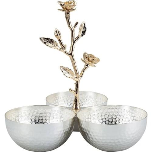 Silver Color 3 Pieces Flower Patterned Metal Snack Serving Plate Elegant Serving Plate