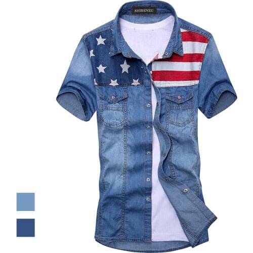 2018 New vintage mens fashion American Flag denim shirt short sleeve light blue jeans shirt free shipping Top quality