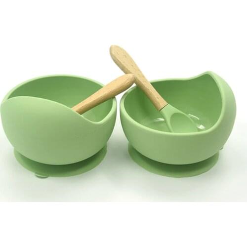 Baby Silicone Feeding Set Wooden Spoon Suction Bowl Baby Plate Kids Toddler Assist Tableware BPA Free High Quality Silicone