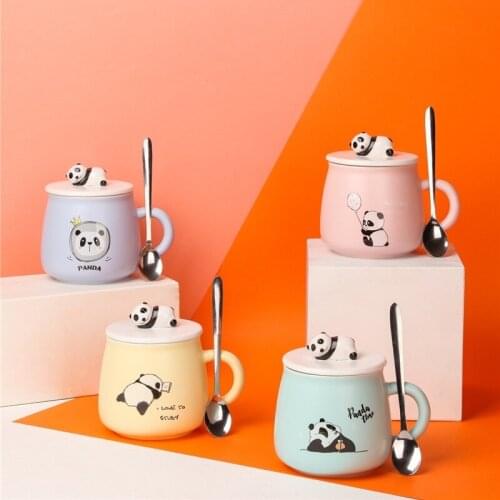 New Cartoon Colored Glaze Mug with Cover Creative Hand Painted Panda Ceramic Water Cup Student Couple Breakfast Coffee Cup