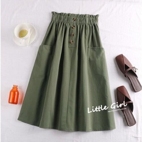New Autumn Women Solid Color Skirt Korean Style High Waist Pocket Decoration Elastic Waist Casual Mid-Length Skirts Women