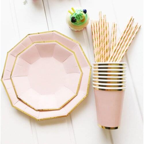 8Pc Pink Foil Gold Princess Disposable Paper Plate Birthday Cups Straw For Birde Shower Wedding Baptism Decoration