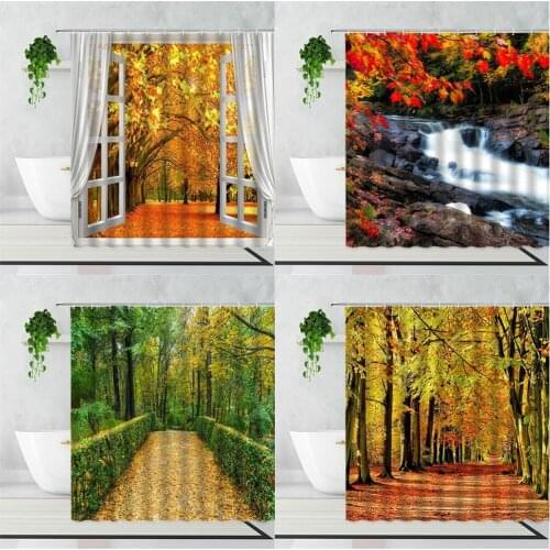 Autumn Forest Window Scenery Shower Curtains Deciduous Corridor Stream Natural Landscape Bathroom Decoration Curtain With Hooks