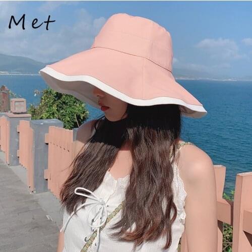 S10 Bucket Hat Hat Female Summer Sun Hat Sunscreen Double sided Fisherman Hat Wild Anti-Ultraviolet Big Brim Womens Hat Panama