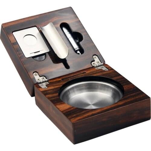Fold Cedar Wood Cigar Ashtray with Guillotine Cutter & Bullet Punch Set