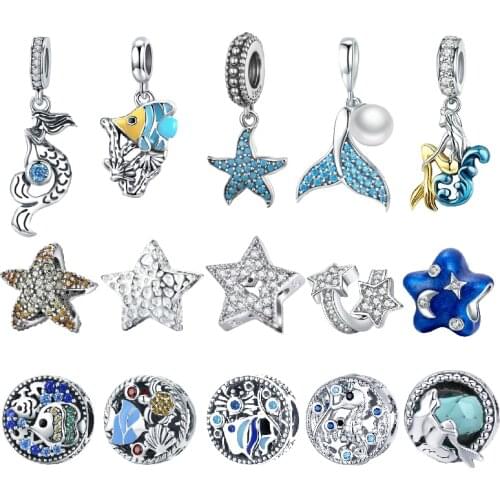 BISAER Dropshipping 925 Sterling Silver Mermaid Tail Starfish Tropical Fish Beads Charms fit Charm Bracelets Silver 925 Jewelry