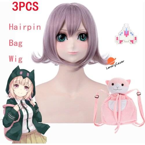 Anime Super DanganRonpa Nanami ChiaKi Cosplay Short Wig Bag Hairpin Accesssories Heat Resistant Wig Halloween Christmas Party