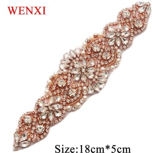 WENXI 5pcs Handmade Beaded Rose Gold Crystal Rhinestones Appliques Sew On For Wedding Dress Sash WX837