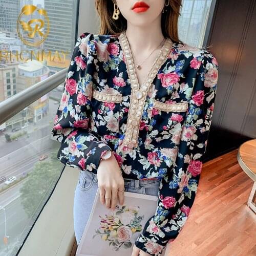 Vintage Flower Women Long Sleeve Blouse 2021 New Arrivals Spring Summer Shirt Chic Fashion V Neck Blusas Office Lady Outwear