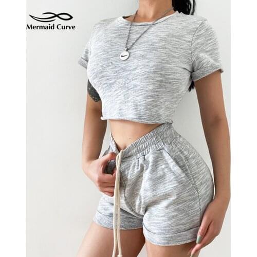 Mermaid Curve Outdoor Running Set Women Slim Short Sleeve T Shirt + High Waist Bandage Loose Sport Shorts Women Fitness Yoga Set