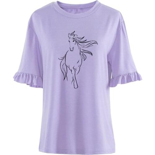 Summer New Creative Horse Women Cotton Tassel Casual T-Shirt Clothing Animals Tees Petal Sleeve O-Neck Womens T Shirt Tops