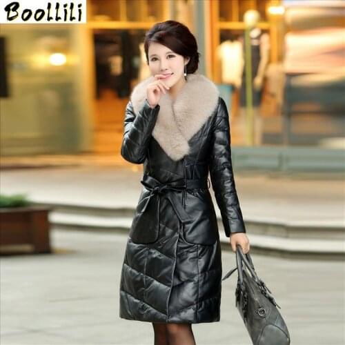 Womens Leather Jacket Winter 2020 Warm Down Cotton Faux Fox Fur Collar Leather Jackets Long Plus Size Faux Leather Jacket