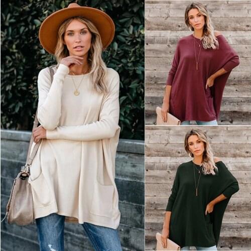 Spring, autumn and winter womens clothing loose round neck solid color long-sleeved T-shirt sweater women
