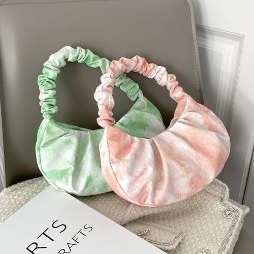 Womens Pleated Cloud Bag Fashion Tie Dye Printing Canvas Shoulder Underarm Bag Casual Ladies Pleated Small Purse Handbags Tote