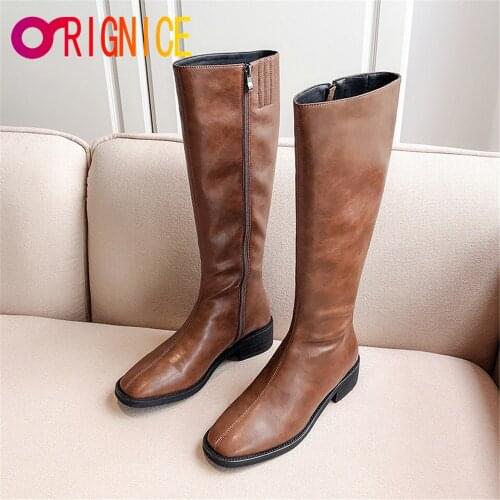 Orignice New Brand Classics Genuine Leather Women Brown Vintage Knee High Boots Thick Heels Party Prom Shoes Side Zipper Black