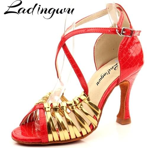 Ladingwu Dance Shoes Women Red Crocodile texture PU Salsa Dance Shoes ladys Unique Design Paty Ballroom Latin Dance Shoes Gold
